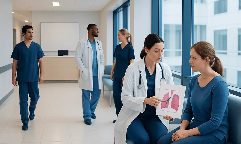 Medical team discussing lung health in a hospital setting.