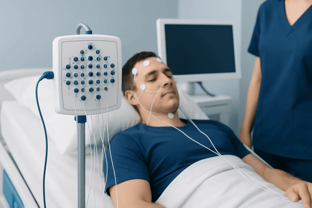 Patient undergoing sleep study with EEG and sensors attached.