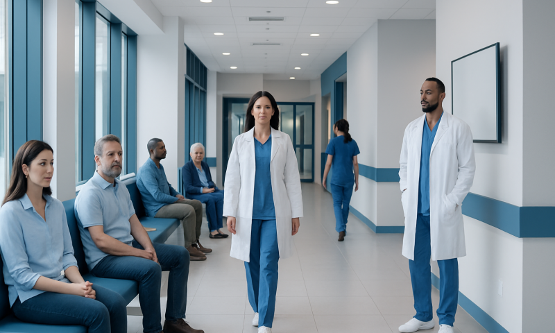 Medical team and patients in a hospital corridor at Acibadem Hospitals Group.
