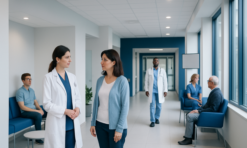 Medical consultation in a modern hospital corridor with doctors and patients.