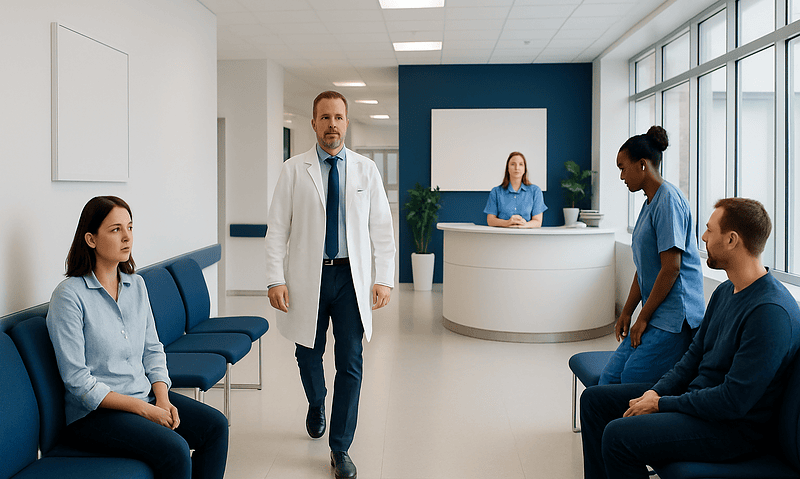 Doctor consulting with patients in a modern hospital waiting area.