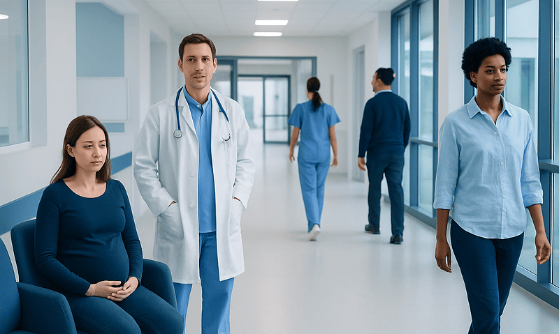 Medical staff and patient in a hospital corridor at Acibadem Hospitals Group.
