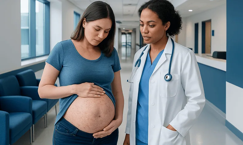 Pregnant woman consulting with a doctor in a hospital corridor.
