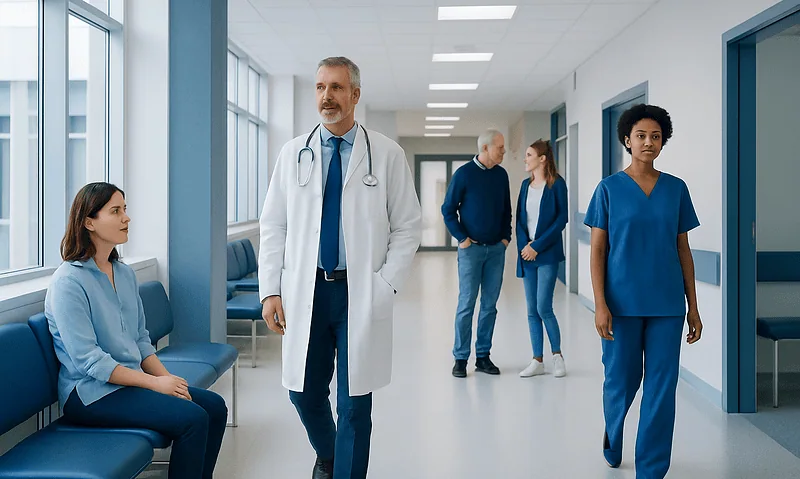Medical professionals and patients in a modern hospital corridor.
