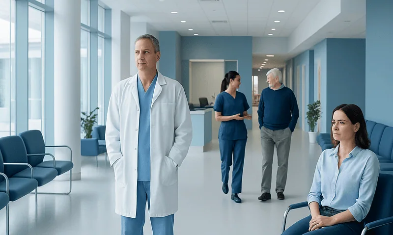 Medical professionals and patients in a modern hospital corridor.