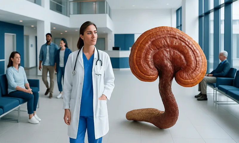 Doctor and patients in hospital lobby with a giant mushroom illustration.