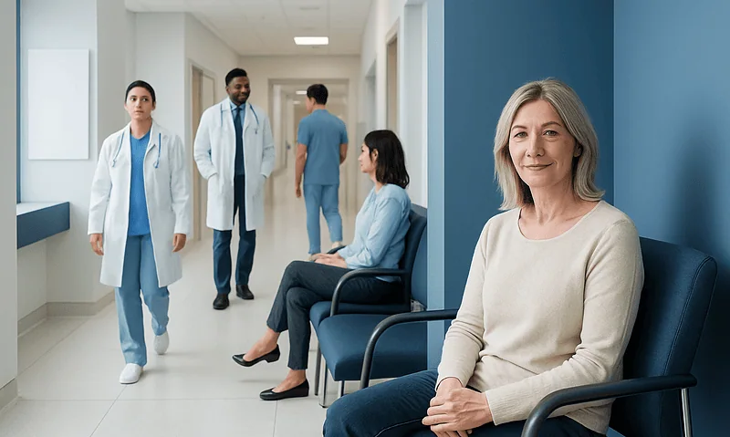 Healthcare professionals and patient in hospital corridor at Acibadem Hospitals Group.