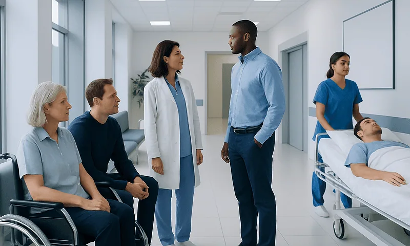Medical consultation in hospital with patients and healthcare professionals.