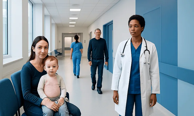 Diverse medical team in hospital corridor with patient and doctor.