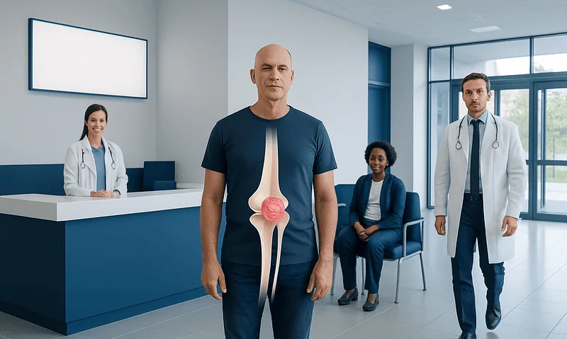 Medical professionals and a patient in a hospital waiting area.