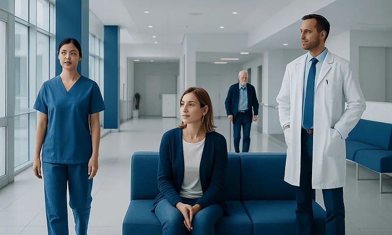 Hospital waiting area with medical staff and patient in modern healthcare facility.