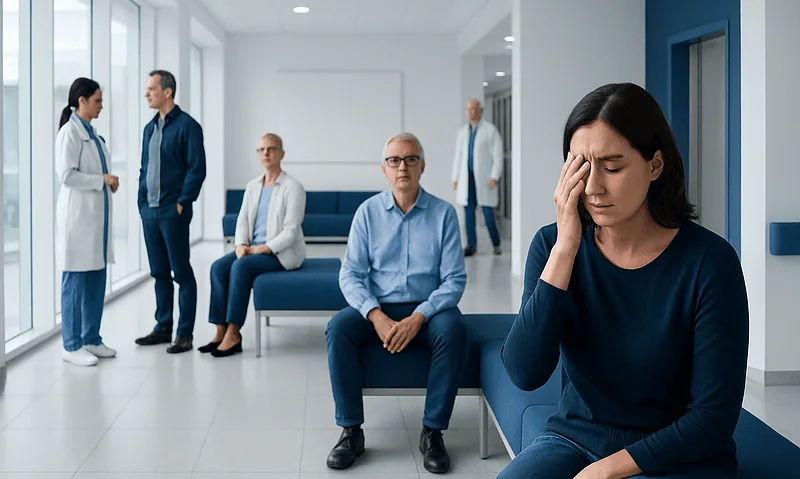 Patient experiencing headache in hospital waiting area with medical staff nearby.