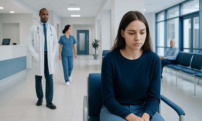 Young woman waiting in a hospital corridor with medical staff nearby.
