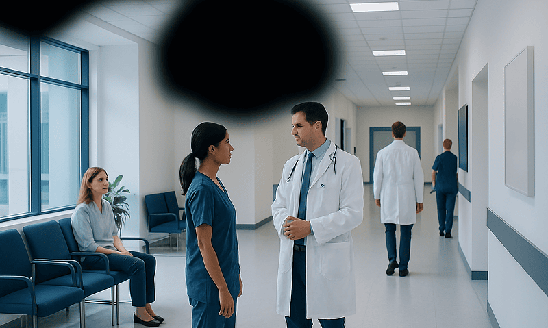 Medical professionals and patient in hospital corridor at Acibadem Hospitals Group.