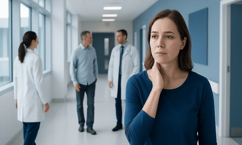 Concerned woman in hospital corridor with medical staff in background.