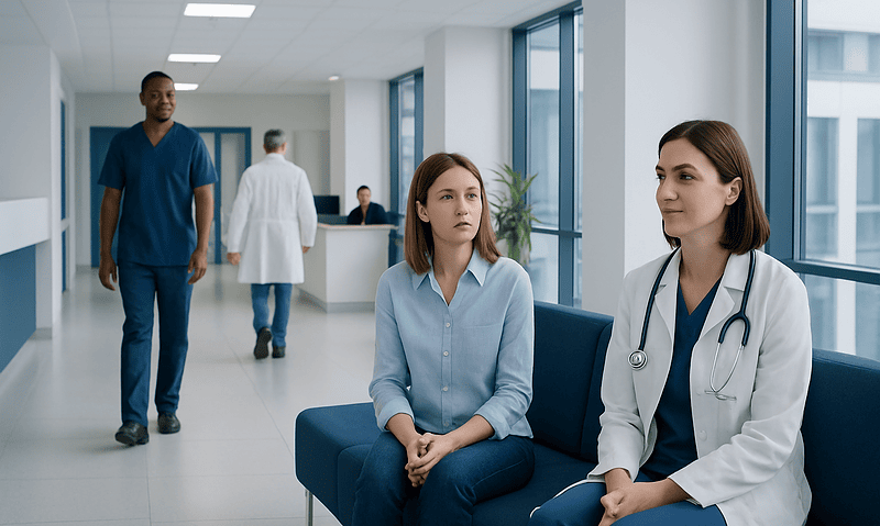 Medical consultation in a modern hospital with healthcare professionals and patient.