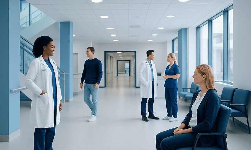 Medical professionals and patients in a modern hospital corridor.