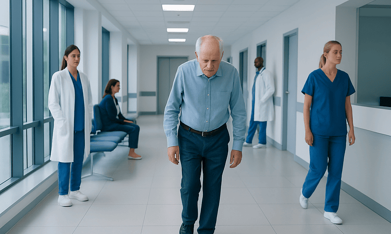 Elderly man walking in hospital corridor with medical staff nearby.