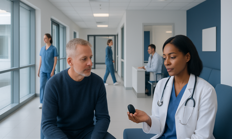 Doctor consulting with a patient in a hospital corridor at Acibadem Hospitals Group.