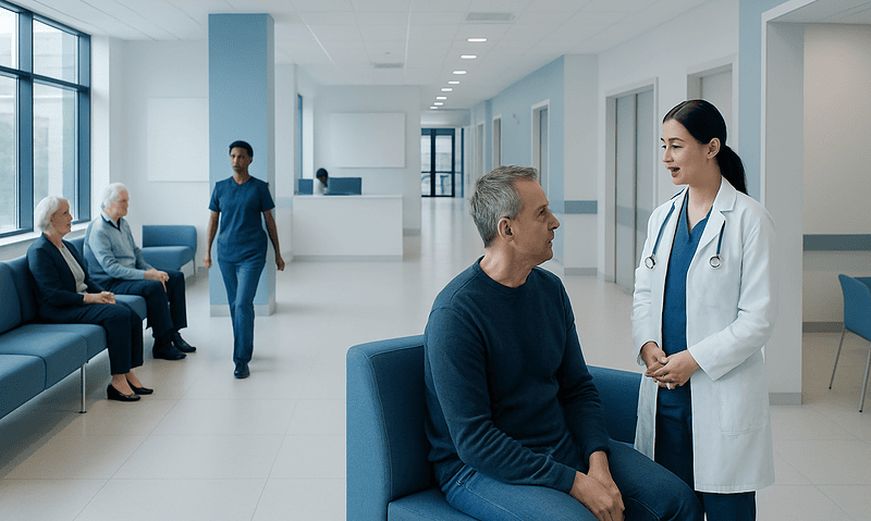 Doctor consulting with senior patient in hospital corridor.