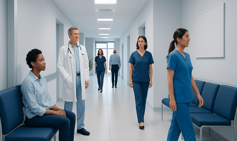 Medical staff and patients in a hospital corridor at Acibadem Hospitals Group.