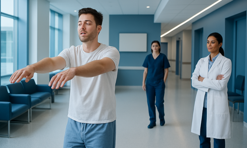 Young man demonstrating sleepwalking symptoms in hospital corridor.