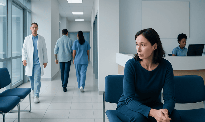 Hospital corridor with medical staff and a patient sitting on a chair.