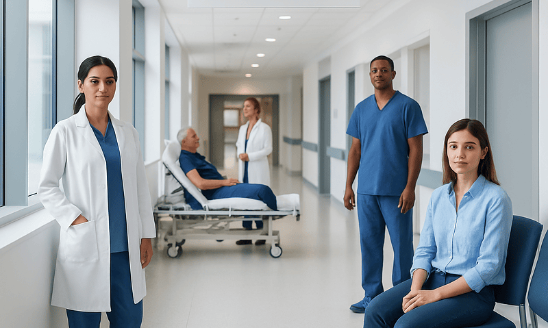 Medical staff and patient in hospital corridor at Acibadem Hospitals Group.