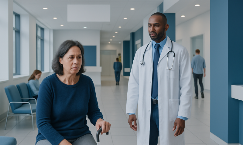 Doctor consulting a patient in a hospital corridor.
