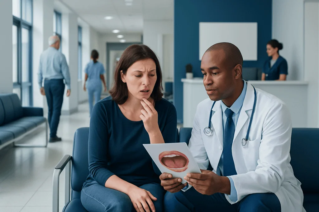 Stomatitis: Early Signs, Risk Factors, and How It Is Treated 1 Doctor explaining oral health to a patient in a hospital corridor.