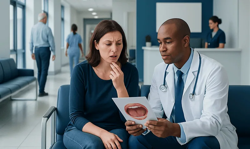 Stomatitis: Early Signs, Risk Factors, and How It Is Treated 10 Doctor explaining oral health to a patient in a hospital corridor.