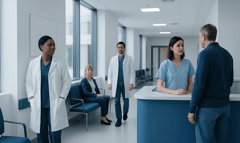 Medical professionals and patient in hospital corridor, healthcare setting.