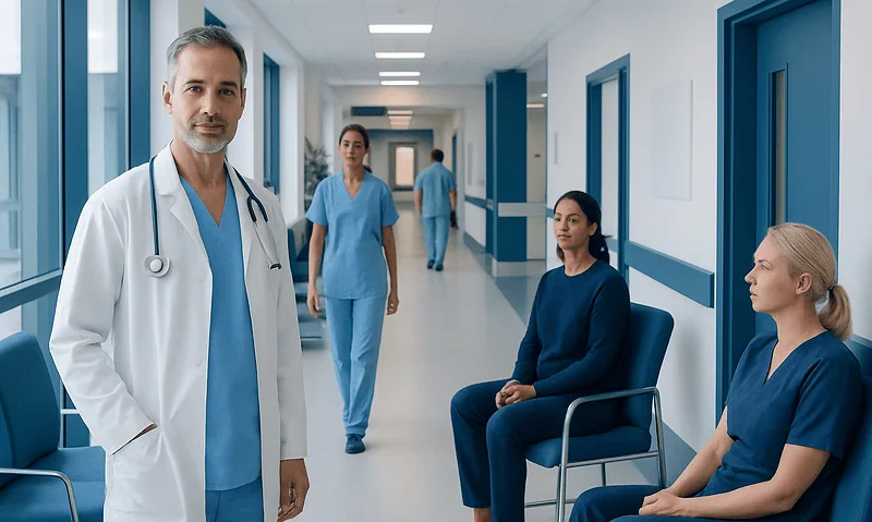 Medical team in hospital corridor with doctor and nurses.