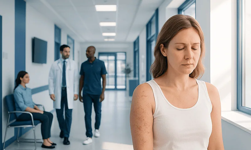 Woman with skin allergy in hospital corridor, seeking treatment.