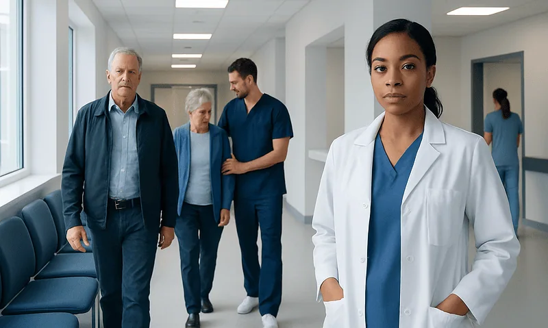 Healthcare professionals and patients in a hospital corridor.