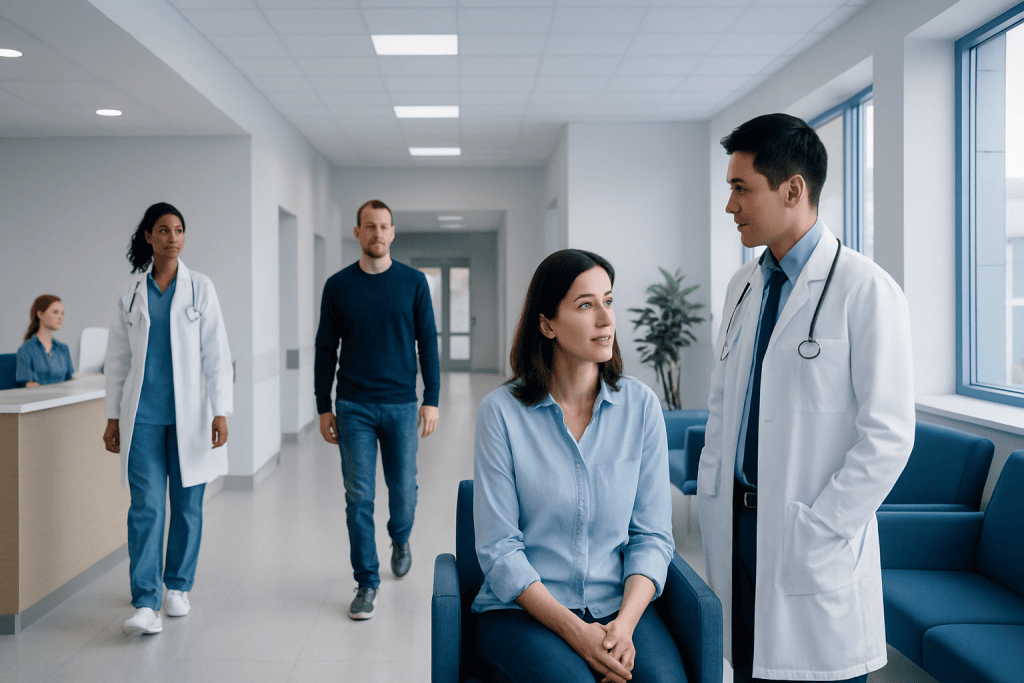 Sushi Fever: A Complete Medical Overview 1 Doctor consulting a patient in a modern hospital corridor with medical staff nearby.