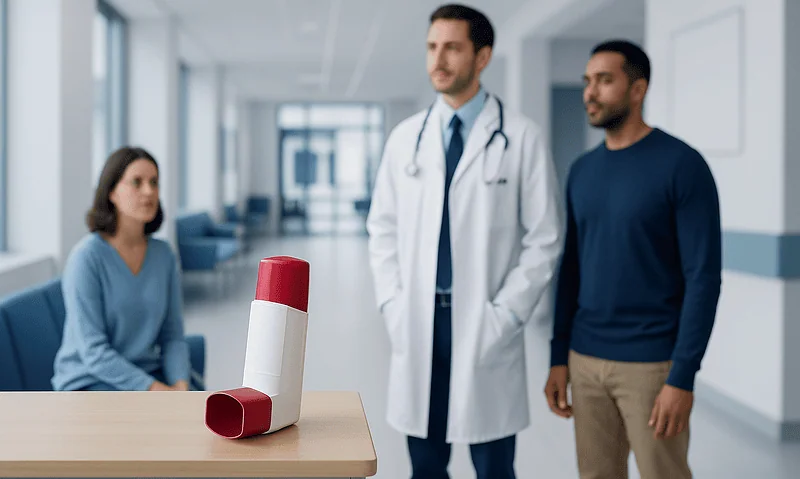 Asthma inhaler on table in hospital corridor with doctor and patient nearby.
