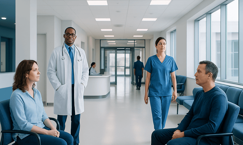 Medical team consulting with patients in a modern hospital corridor.