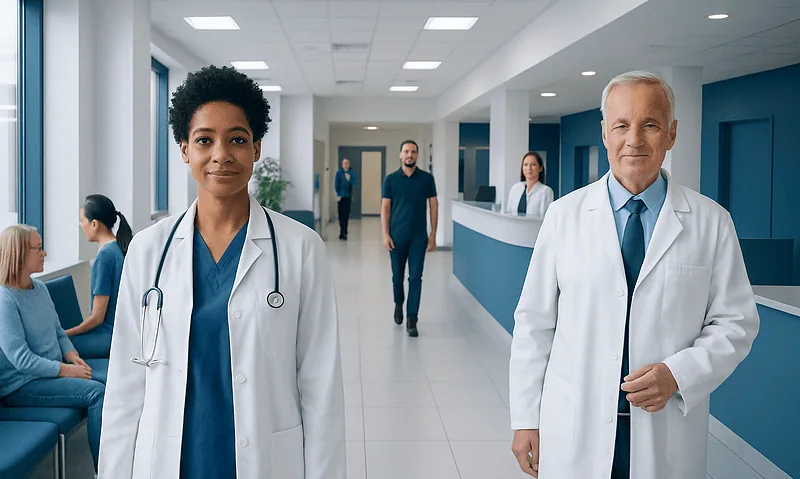 Healthcare professionals in a modern hospital corridor at Acibadem Hospitals Group.