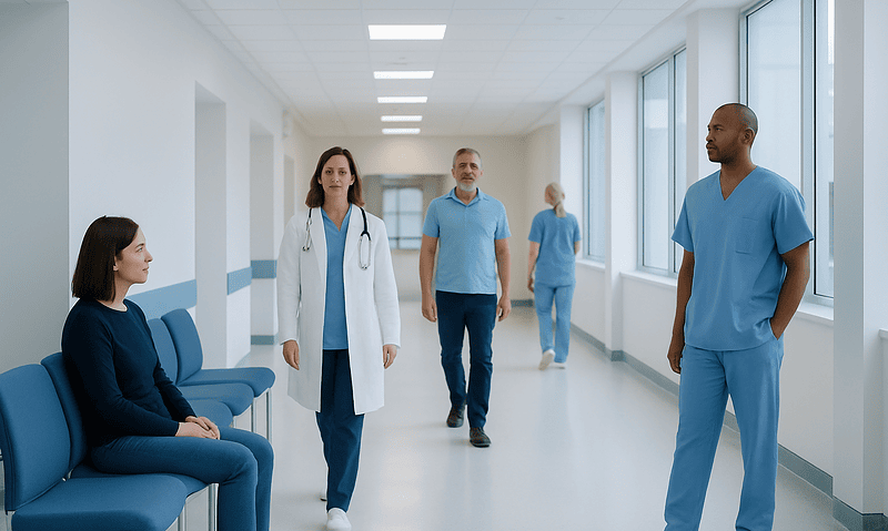 Medical team and patient in hospital corridor at Acibadem Hospitals Group.