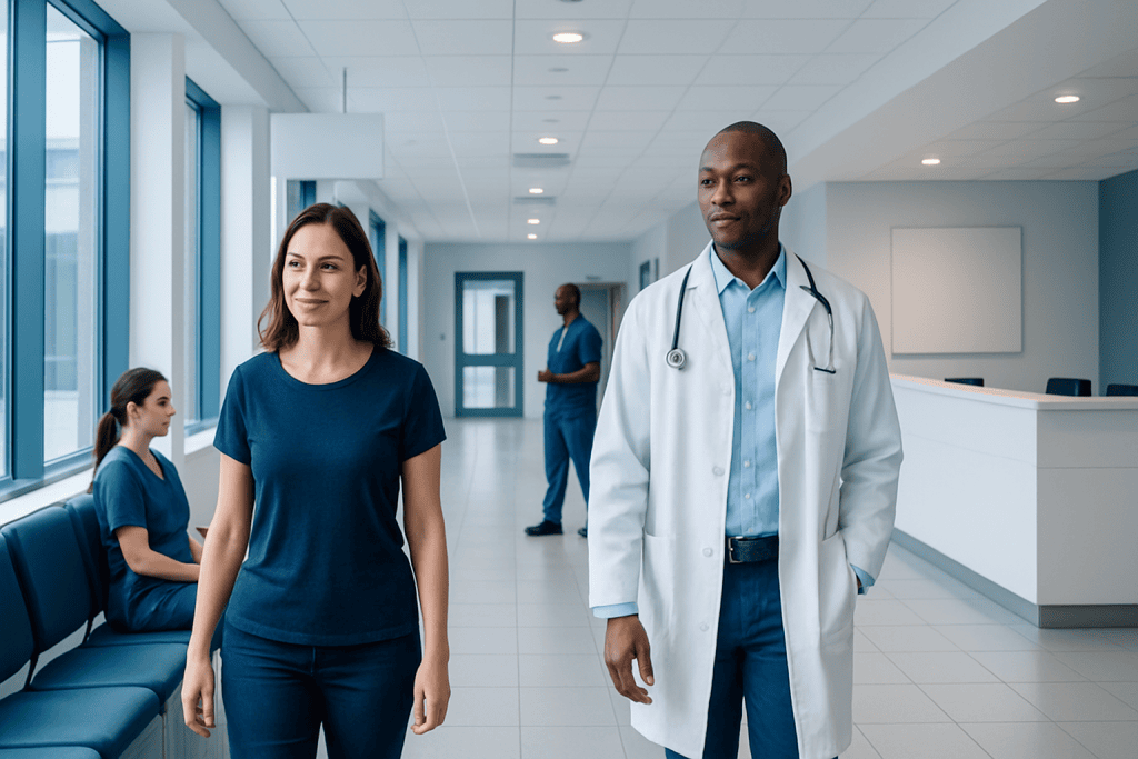 75 Soft Challenge: An Evidence-Based Guide for Patients 1 Healthcare professionals and patients in a modern hospital corridor.