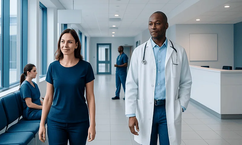 Healthcare professionals and patients in a modern hospital corridor.