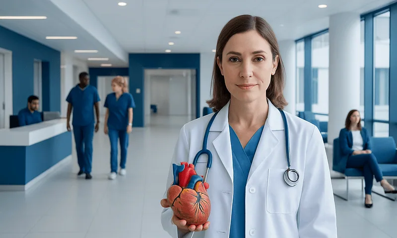 Female doctor holding a model of a human heart in a hospital corridor.