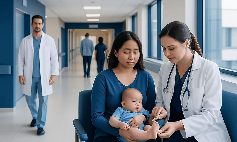 Pediatric nurse examines baby's foot in hospital corridor with mother present.