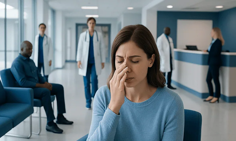 Young woman with nasal discomfort in a hospital waiting area.