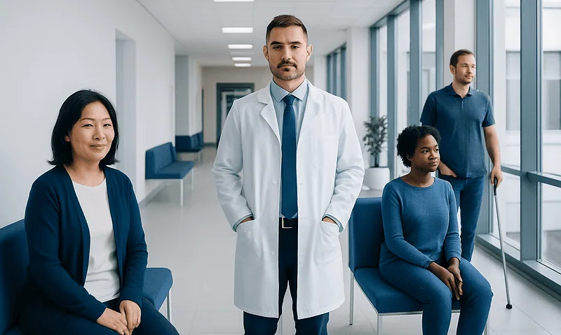 Medical team in hospital corridor with large windows and seating area.