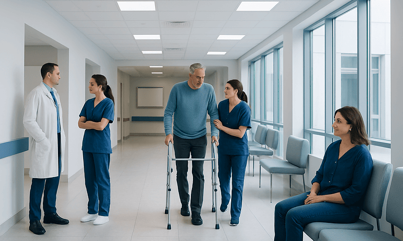 Elderly patient with walker talking to healthcare professionals in hospital corridor.