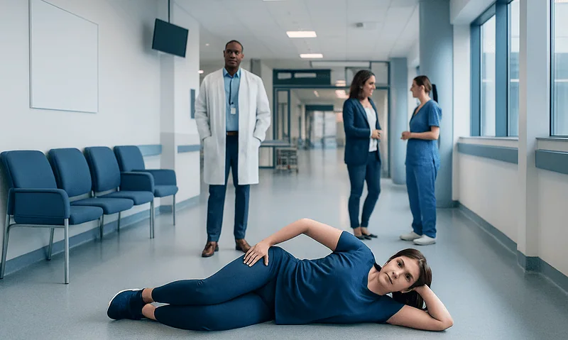 Young woman experiencing hip pain lying on hospital floor with medical staff nearby.