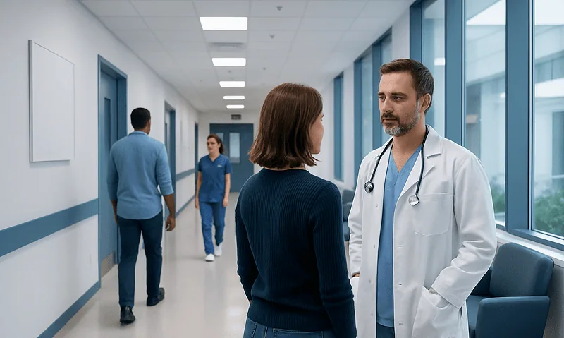 Doctor consulting with a female patient in a hospital corridor.