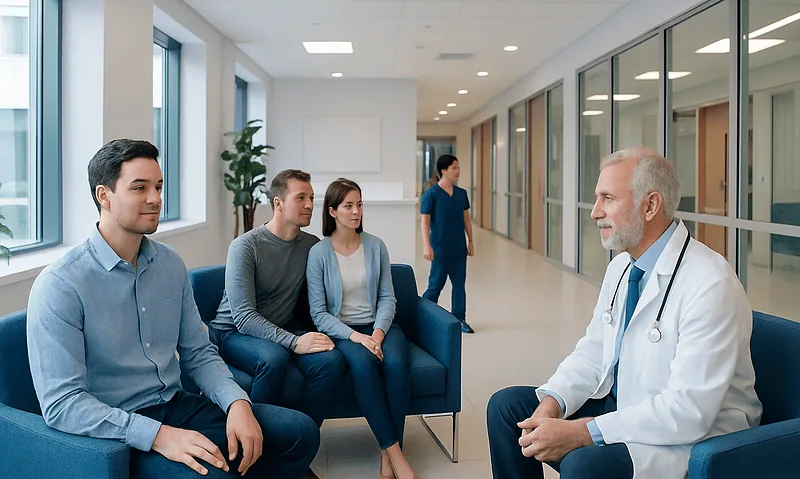 Patients consulting with a doctor in a modern hospital waiting area.